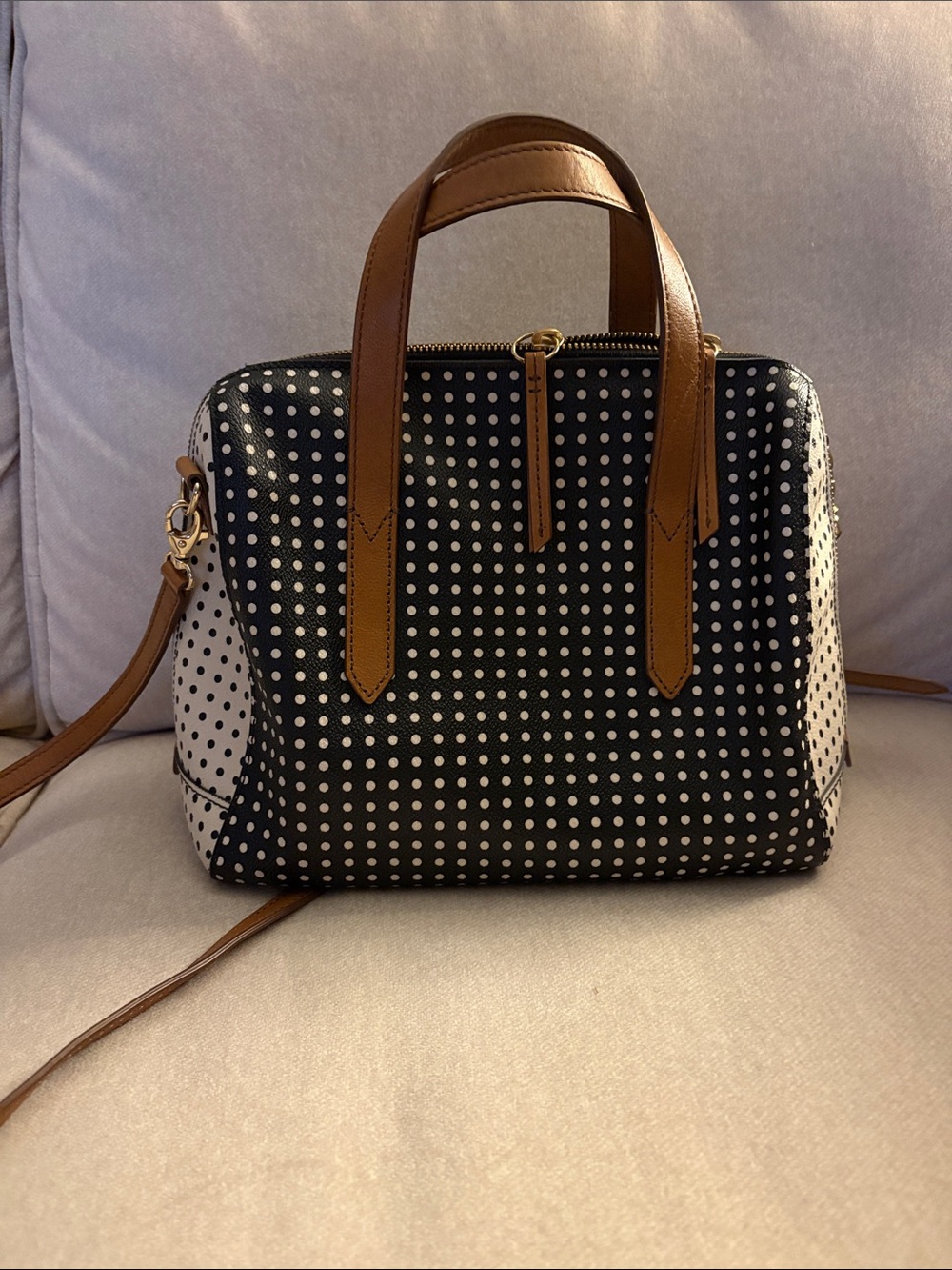 Fossil Black and White Polka Dot Crossbody with Tan Trim - Picture 2 of 8